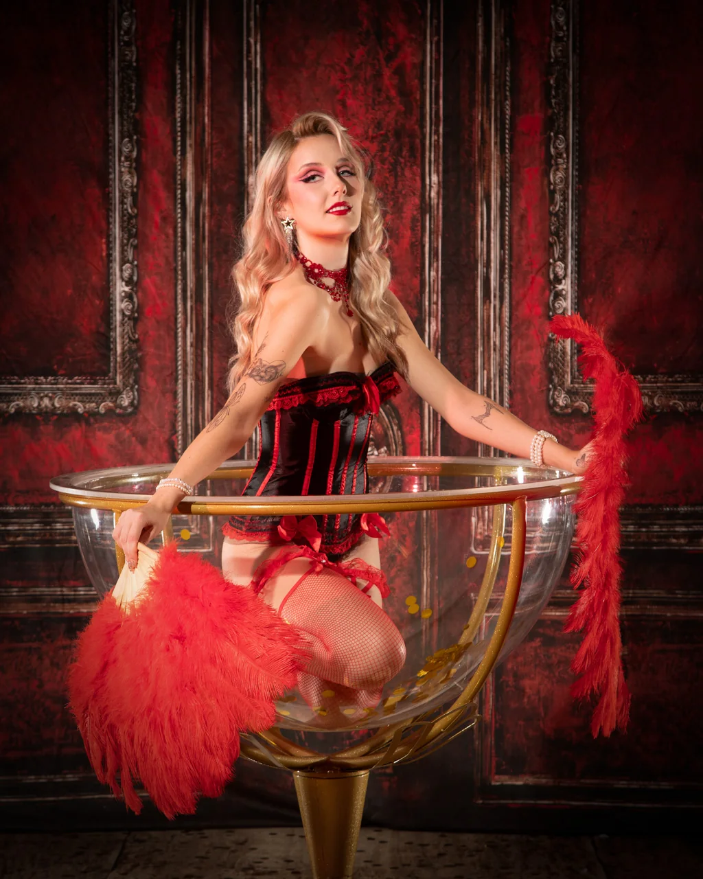 Burlesque and showgirl boudoir portrait in Warminster, Wiltshire by Elland-Vee
